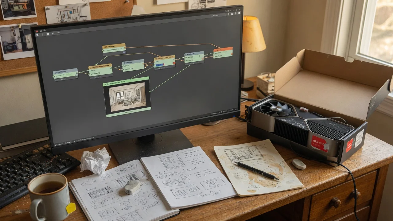 Lokaler KI-Bildgenerator Krea 2 in ComfyUI auf einem Schreibtisch
