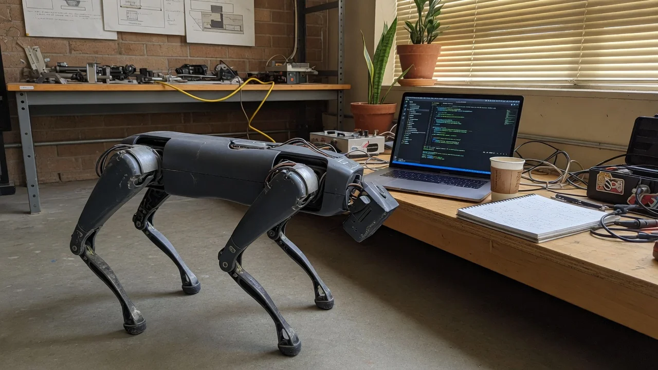Roboterhund im Labor mit Bildschirm, KI steuert autonome Roboter
