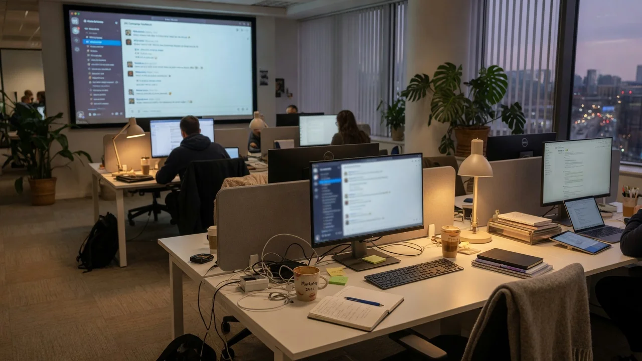 Modernes Großraumbüro bei Dämmerung mit Mitarbeitenden an Laptops und großen Bildschirmen, Symbol für unternehmensweite KI-Einführung