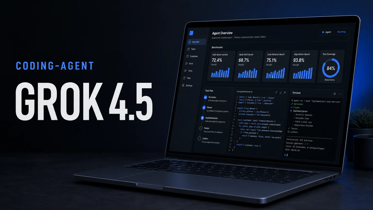 Grok 4.5 als Coding-Agenten-Modell mit Benchmark-Dashboard