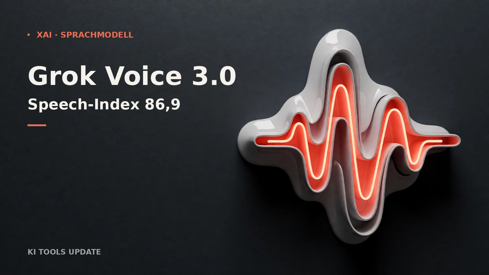 Grok Voice 3.0: abstrakte Wellenform in Weiß und Koralle auf dunklem Hintergrund