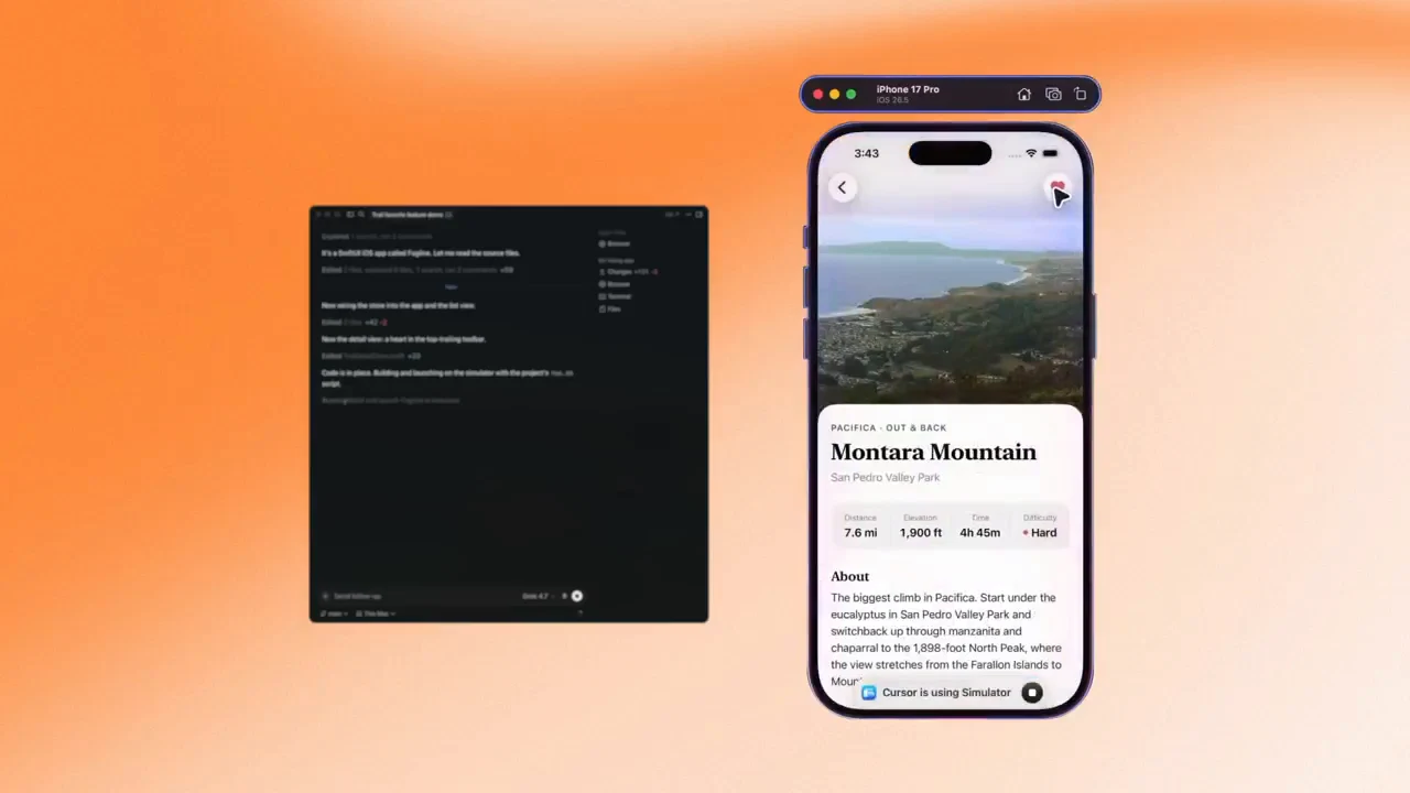 Standbild aus dem offiziellen Cursor-Video: Ein Agent steuert eine Wander-App im iOS-Simulator