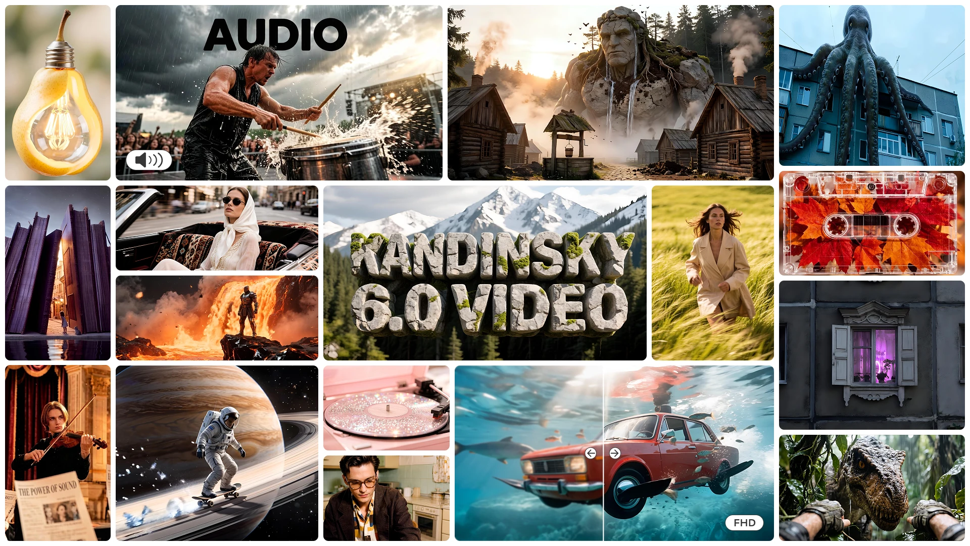 Kandinsky-6.0-Beispielcollage mit Musikern, Fantasieszenen und einem Full-HD-Vergleich